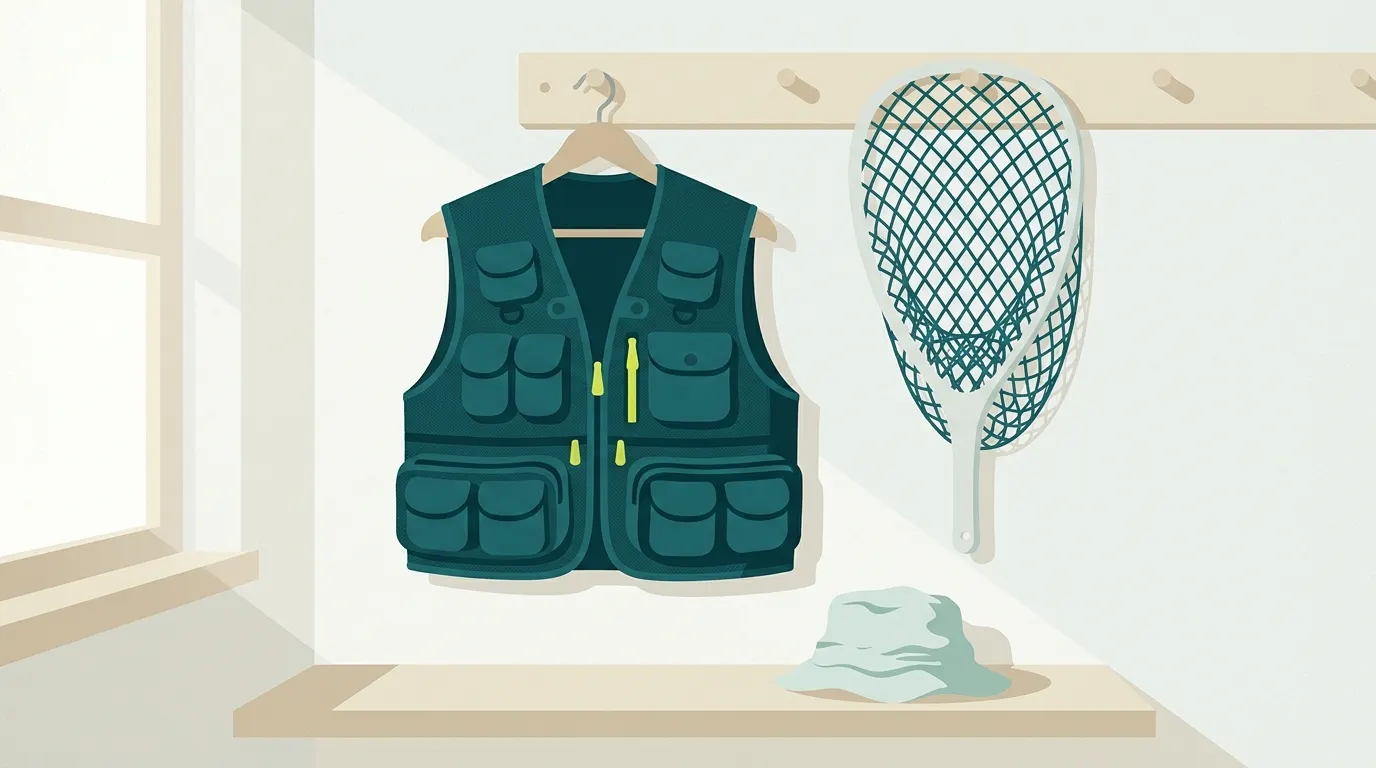 Fly fishing vest hanging on a cabin peg