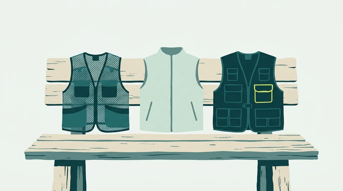 Mesh, lightweight and classic fishing vests laid out side by side