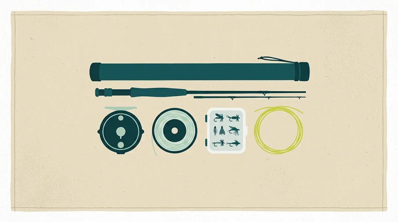 Flat-lay of a complete fly fishing starter outfit