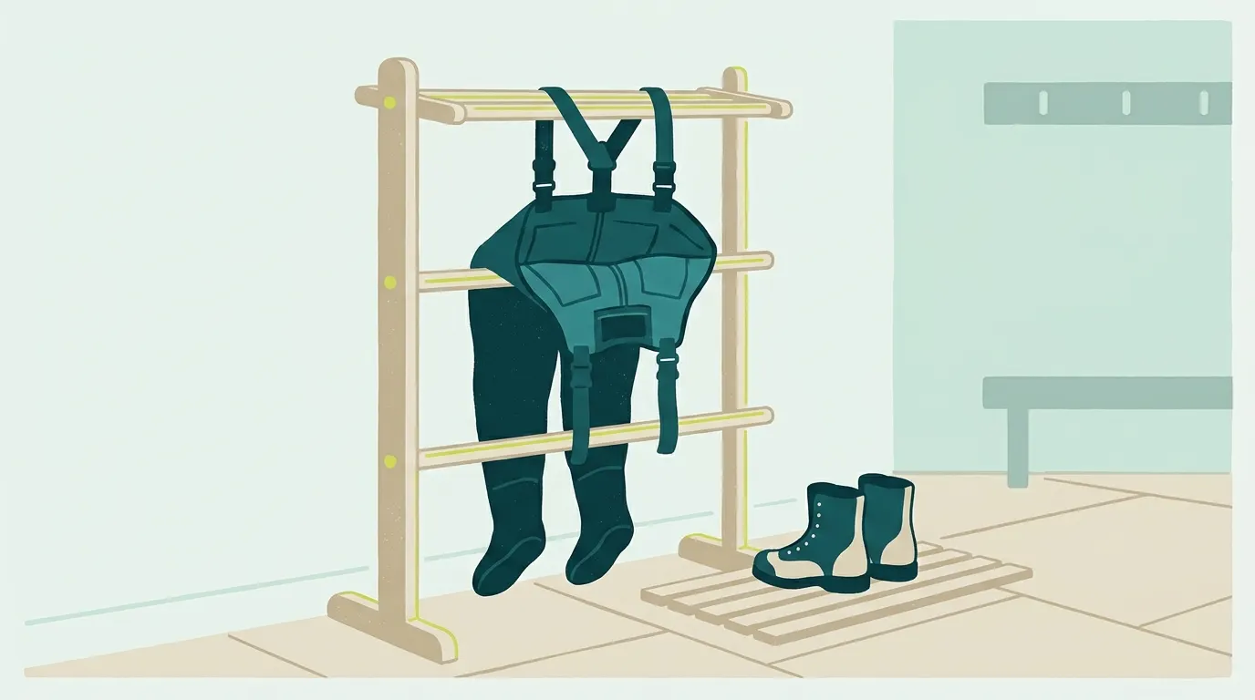Waders hanging to dry on a rack in a mudroom