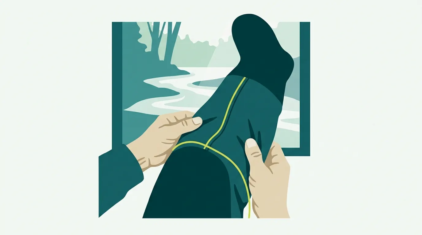 Hands inspecting a wader seam against the light