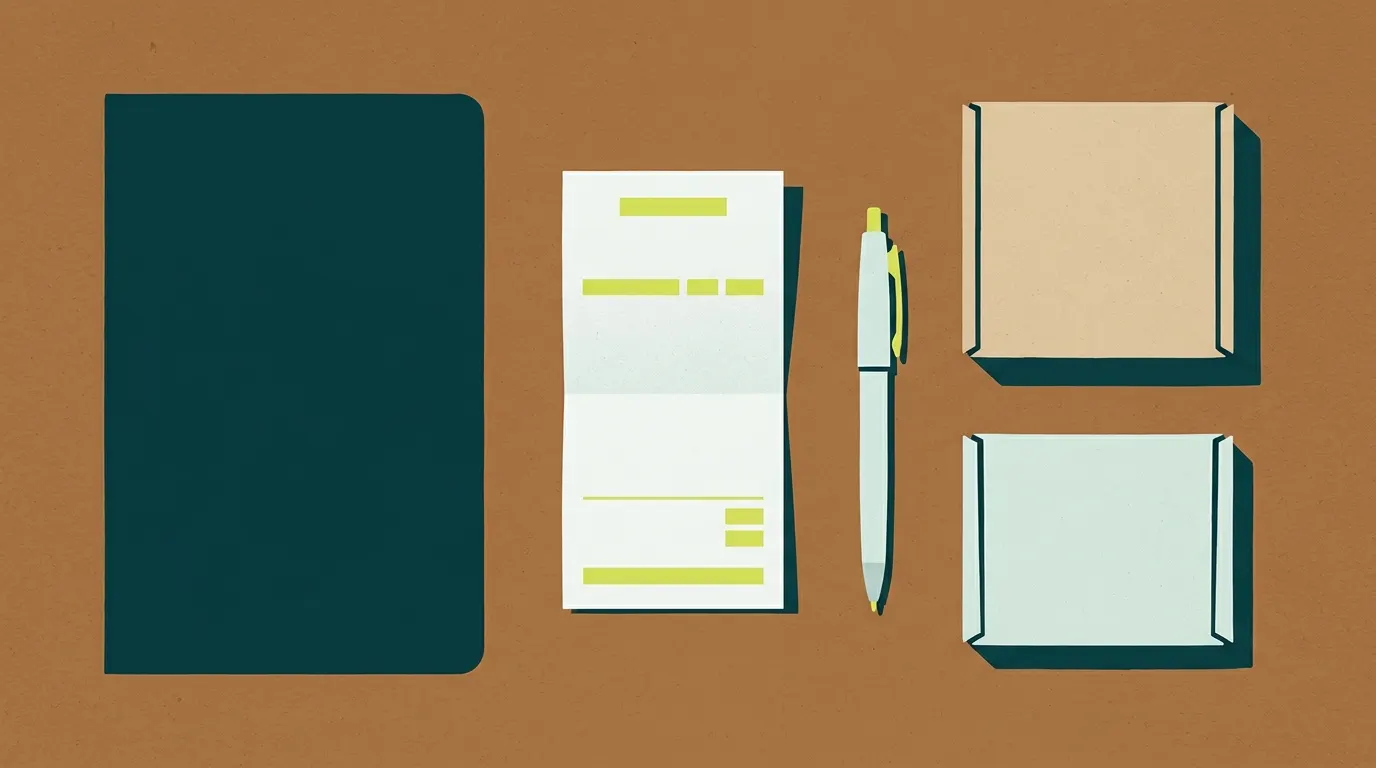 Flat-lay of a receipt, pen and cardboard box