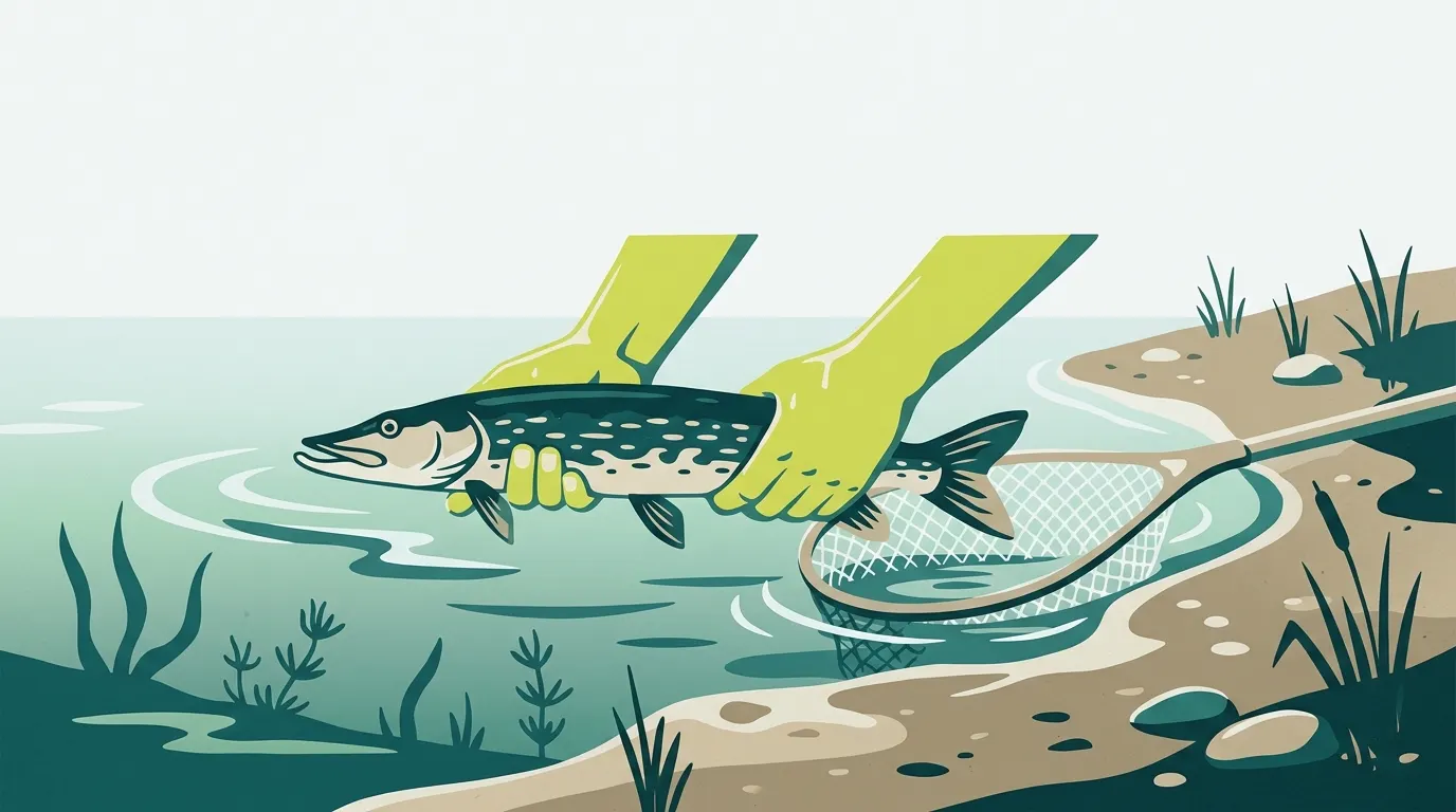 Wet hands holding a pike gently in shallow water