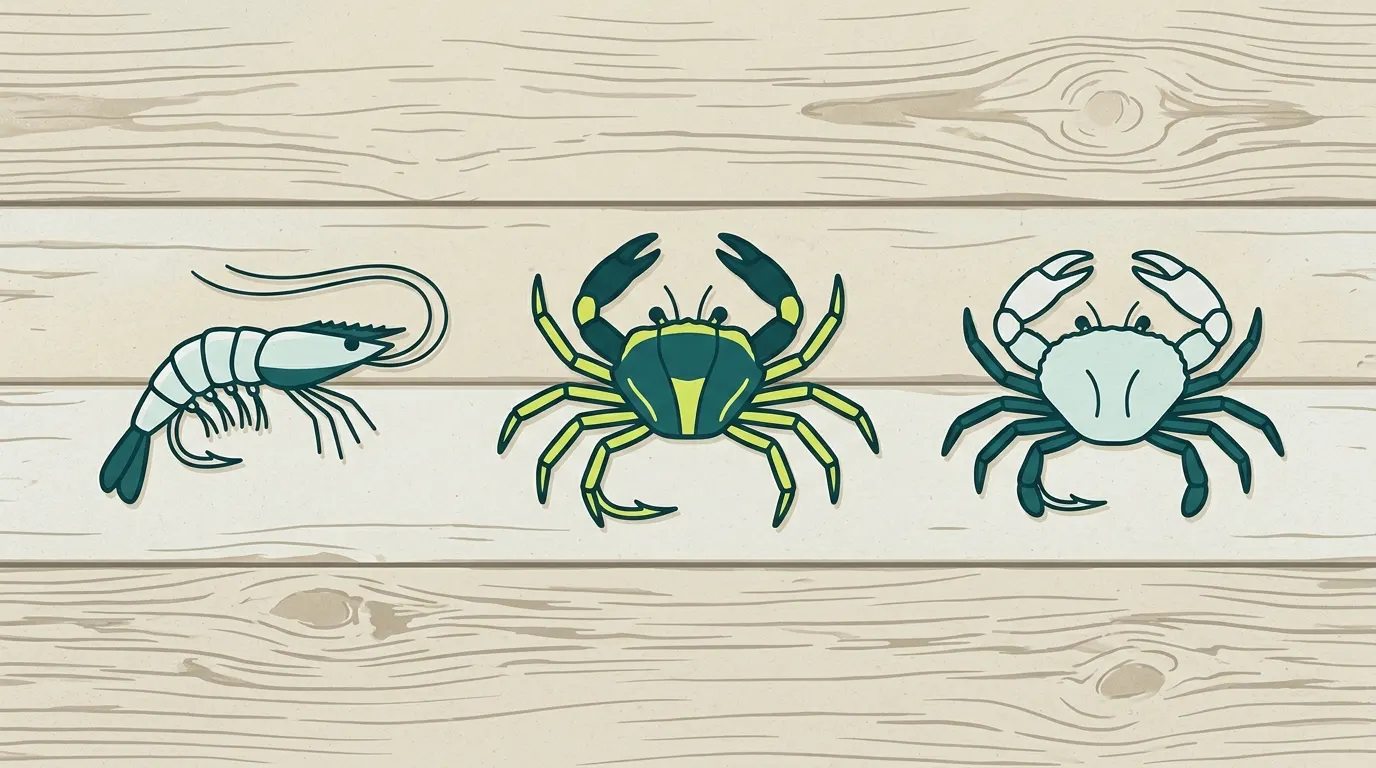 Crab and shrimp flies laid on a boat deck