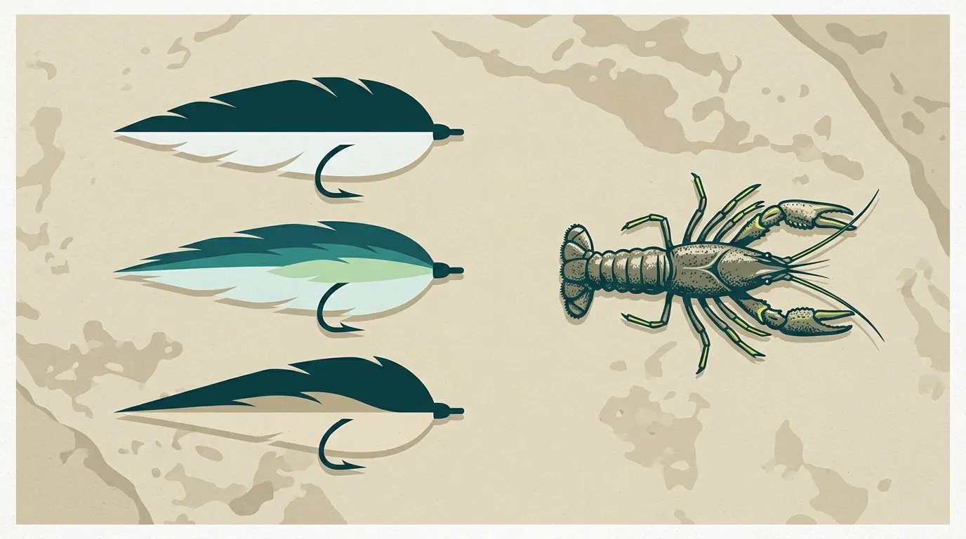 Streamers and a crayfish fly on a rock