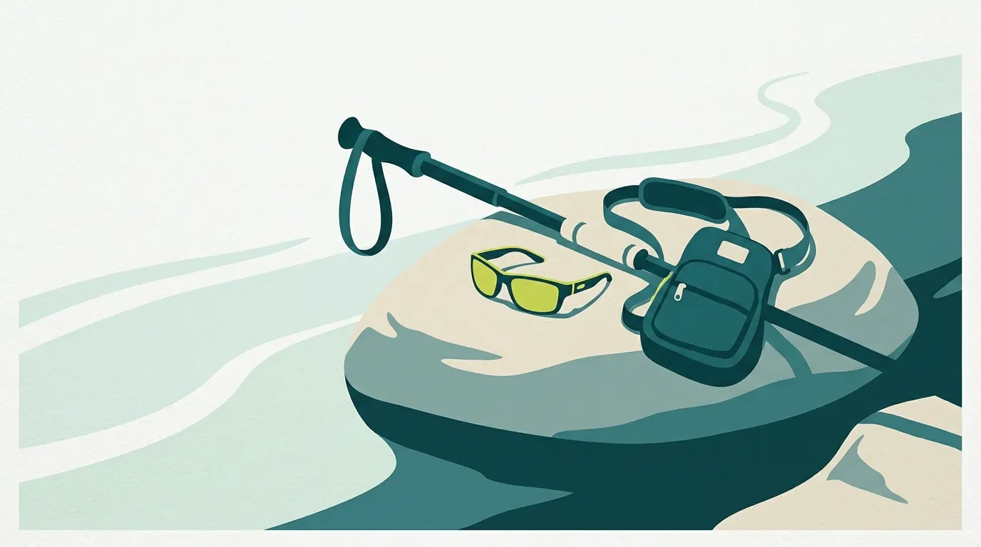 Wading staff, sunglasses and sling pack on a stone