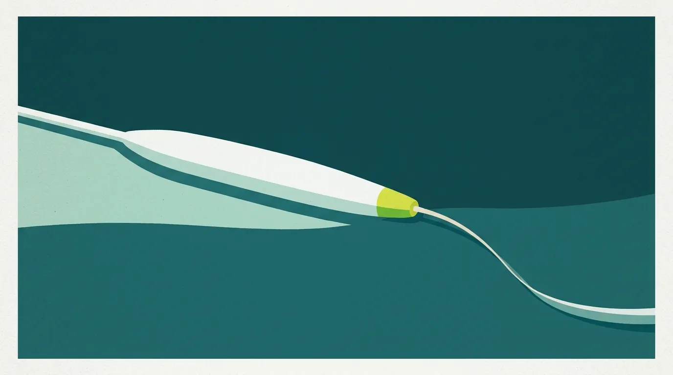 Tapered tip of a floating fly line on calm water