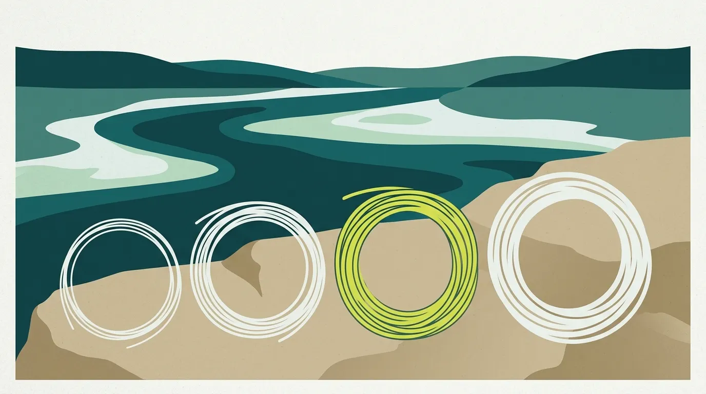 Coils of fly line in graduated thicknesses on a rock
