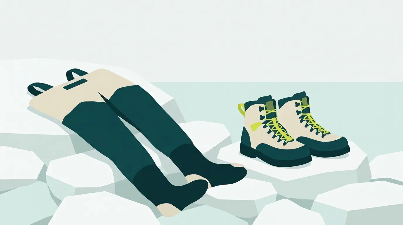 Stockingfoot waders laid out next to wading boots