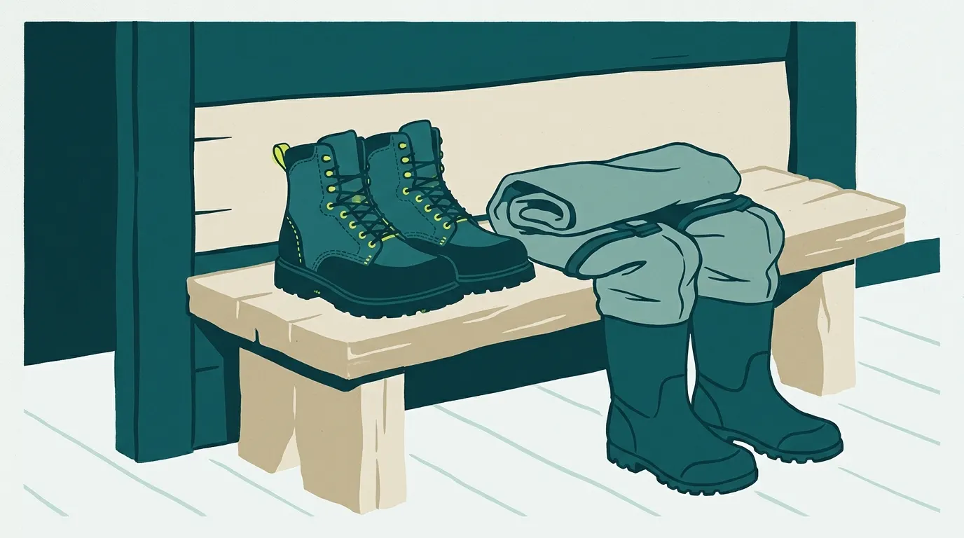 Boots set next to bootfoot waders to compare foot size