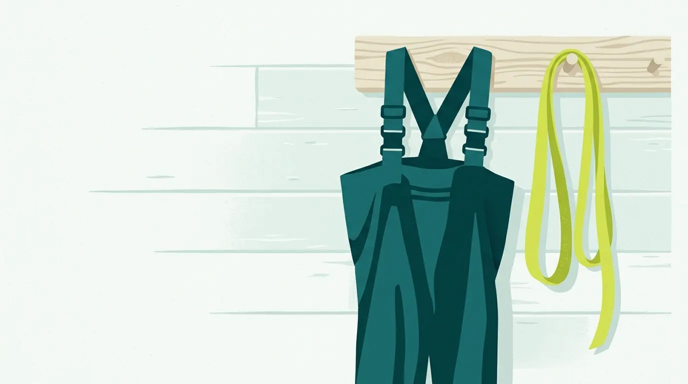 Chest waders on a peg with a plain tape measure