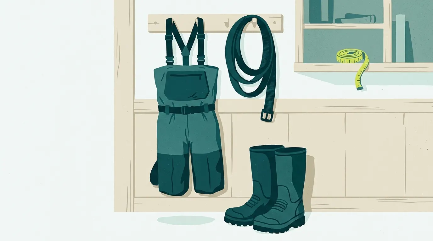 Chest waders hanging in a mudroom with boots and belt