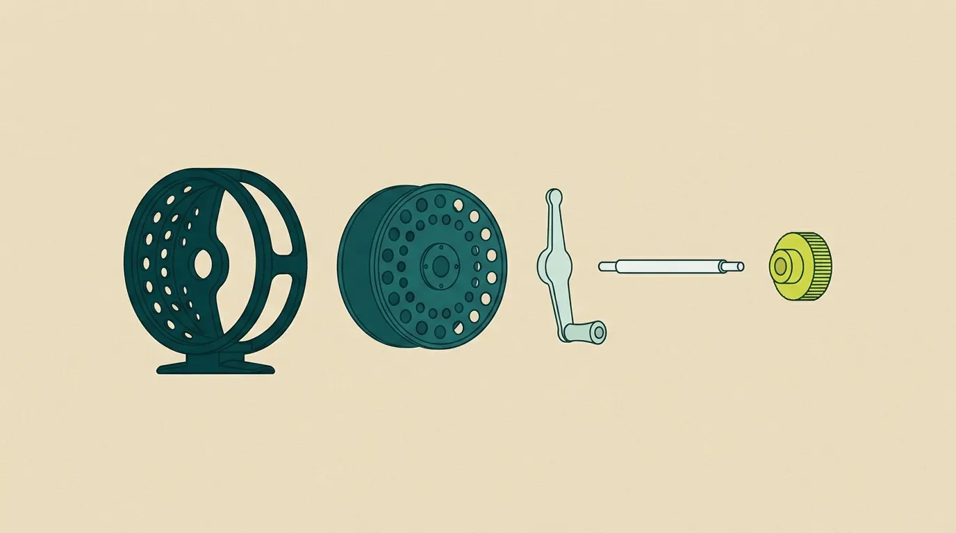 Exploded view of the parts of a fly reel