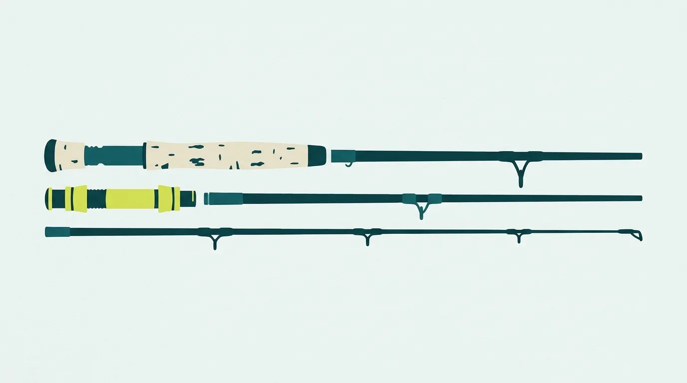 Fly rod laid out with its parts from grip to tip