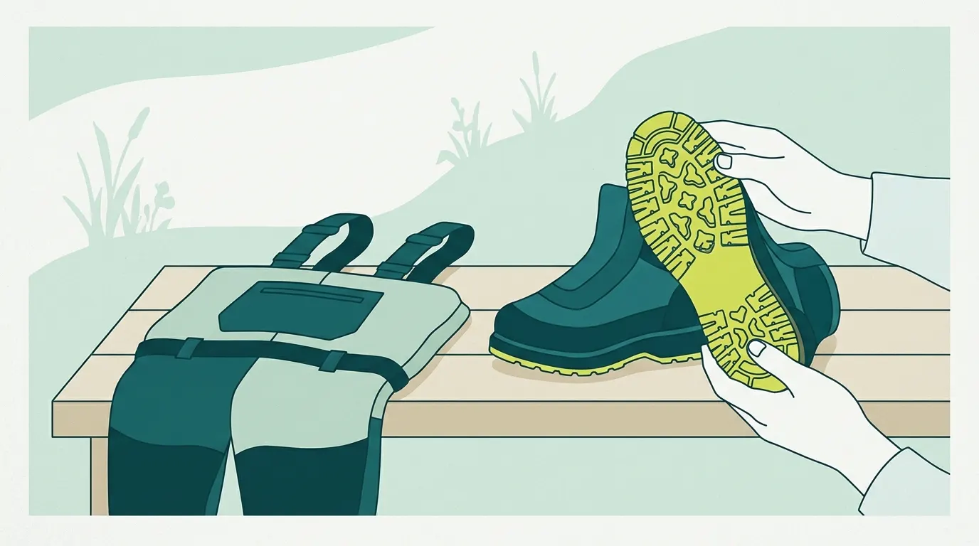 Waders and wading boots inspected on a bench