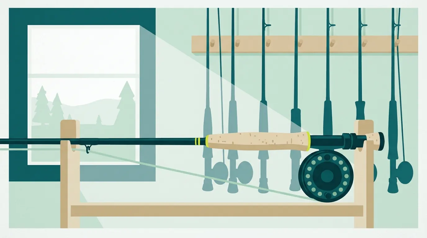 Fly rods hanging on a rack in a quiet tackle shop