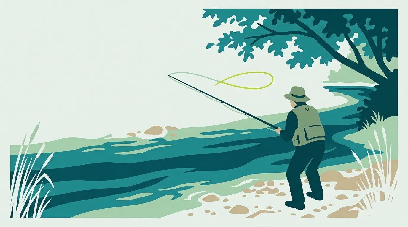Angler casting a tenkara rod on a mountain stream