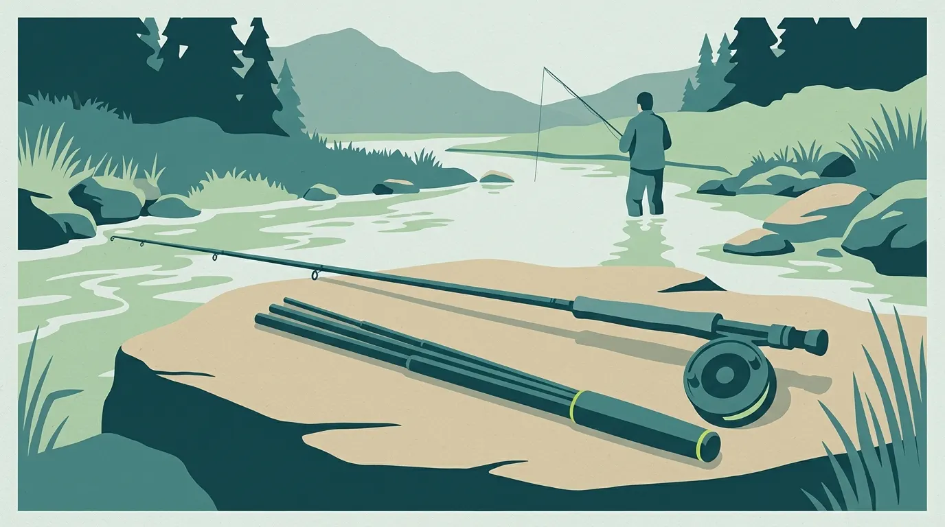 Tenkara rod and fly rod with reel on a rock