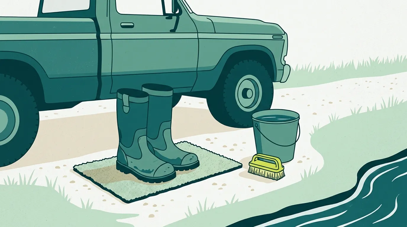 Wading shoes and brush set up for cleaning after a river day