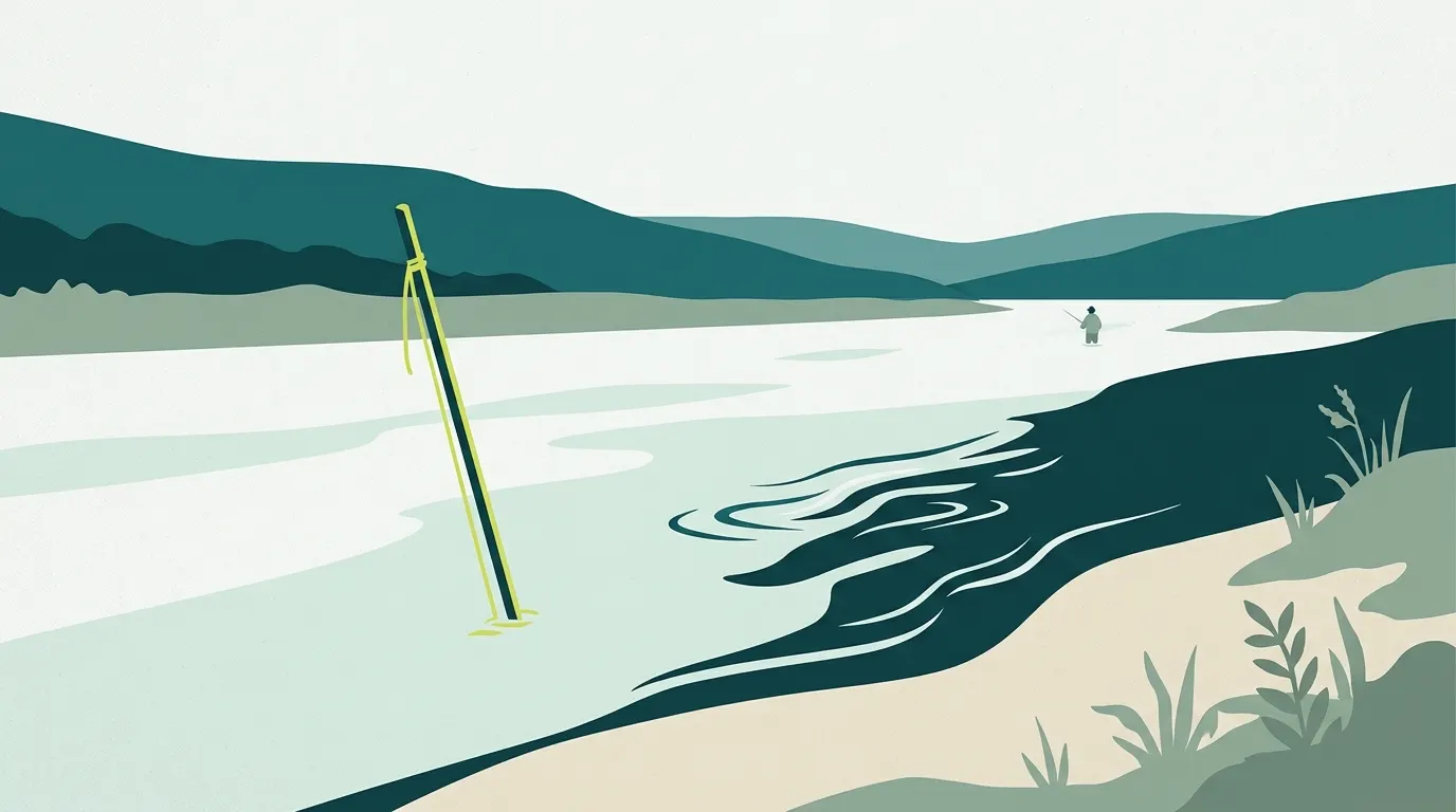 Riverbank view of a wading stick testing the depth ahead