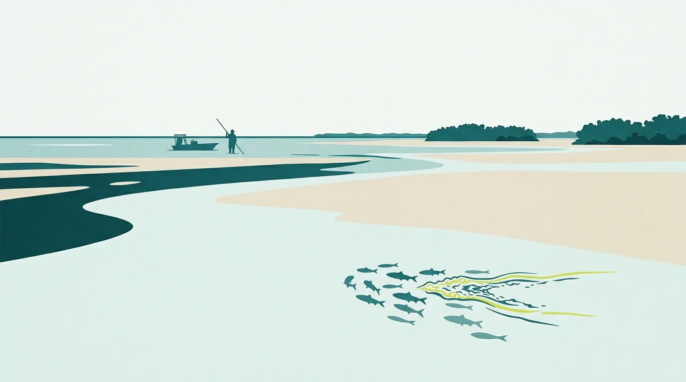 Wide saltwater flat with a distant poling skiff and fish wake