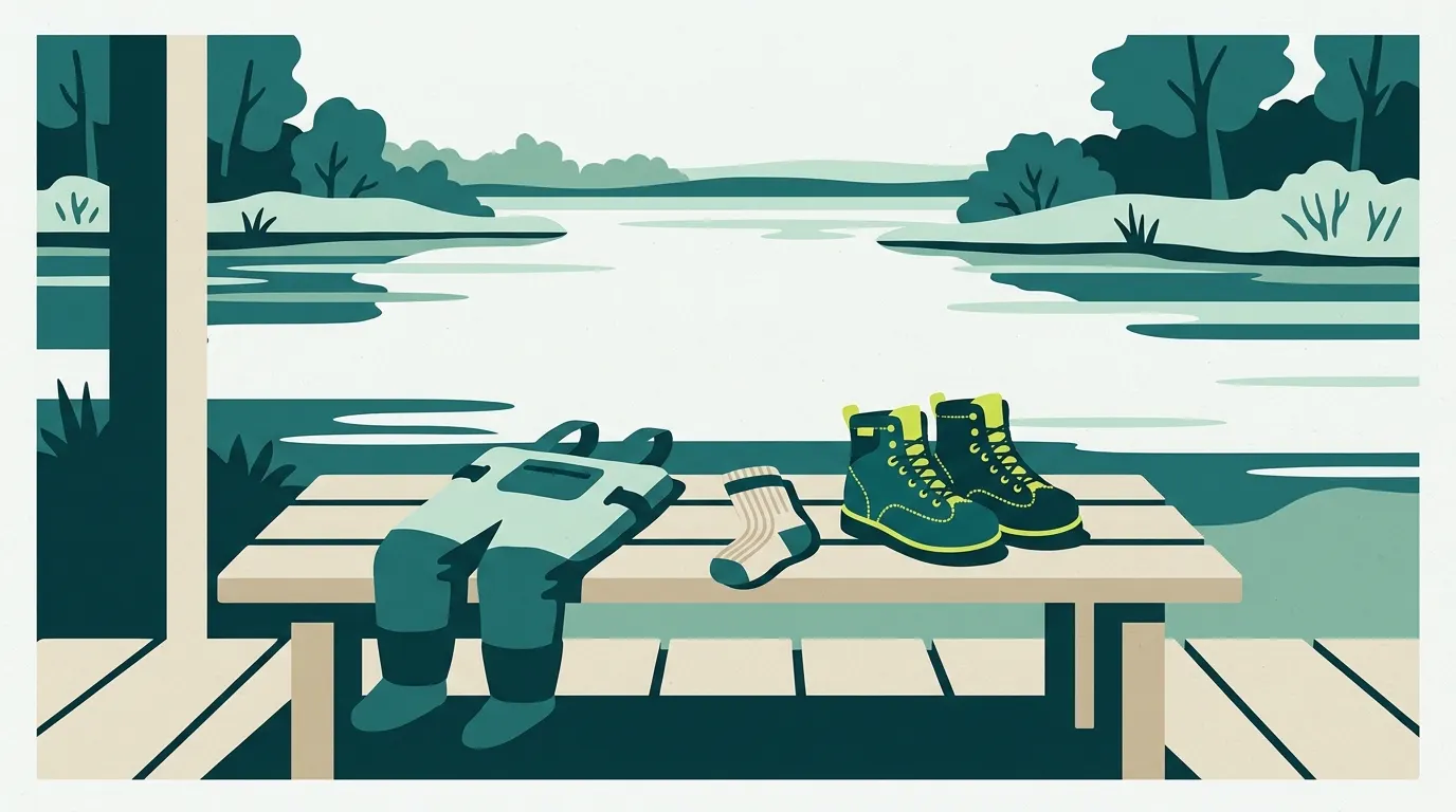 Small waders and boots folded on a porch bench