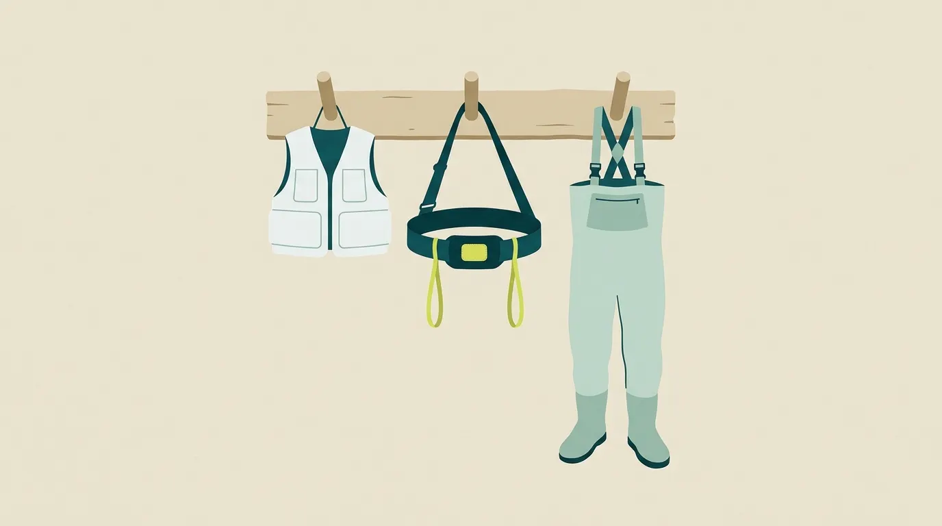 Small wading belt and vest hanging on a peg