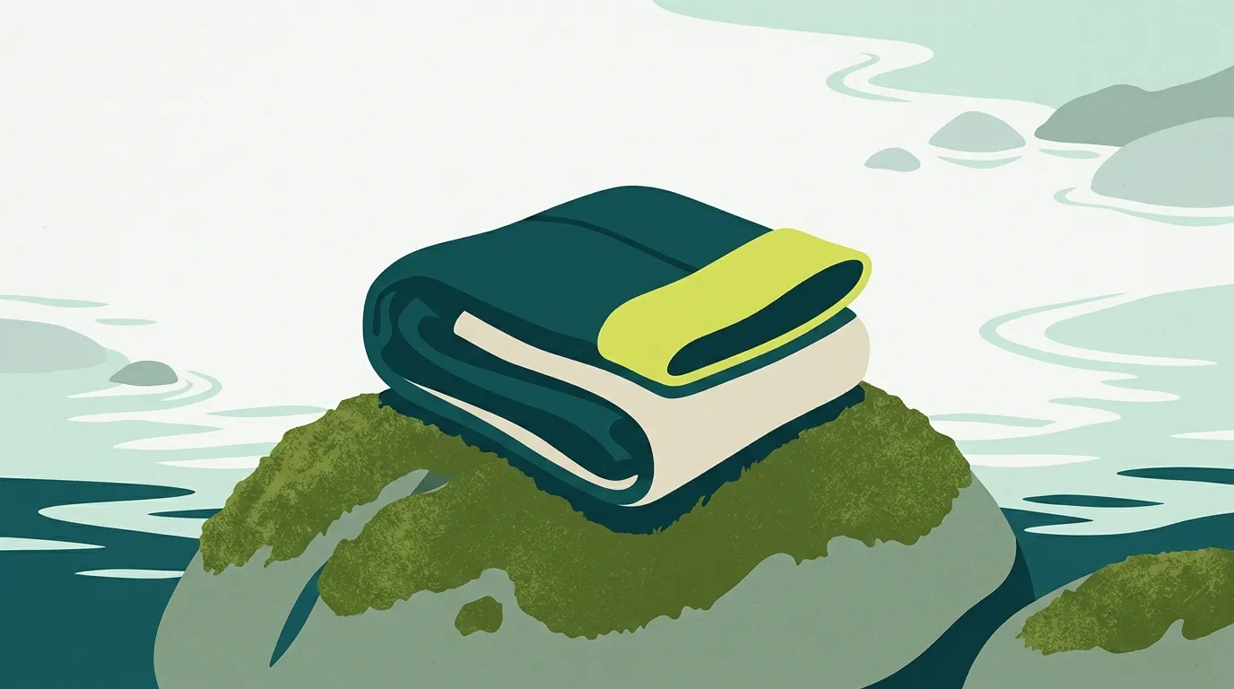 Compact folded waders on a mossy river rock