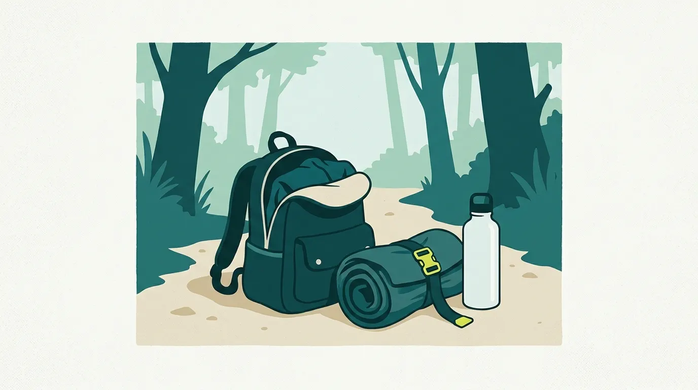 Rolled waders packed in a daypack on a trail