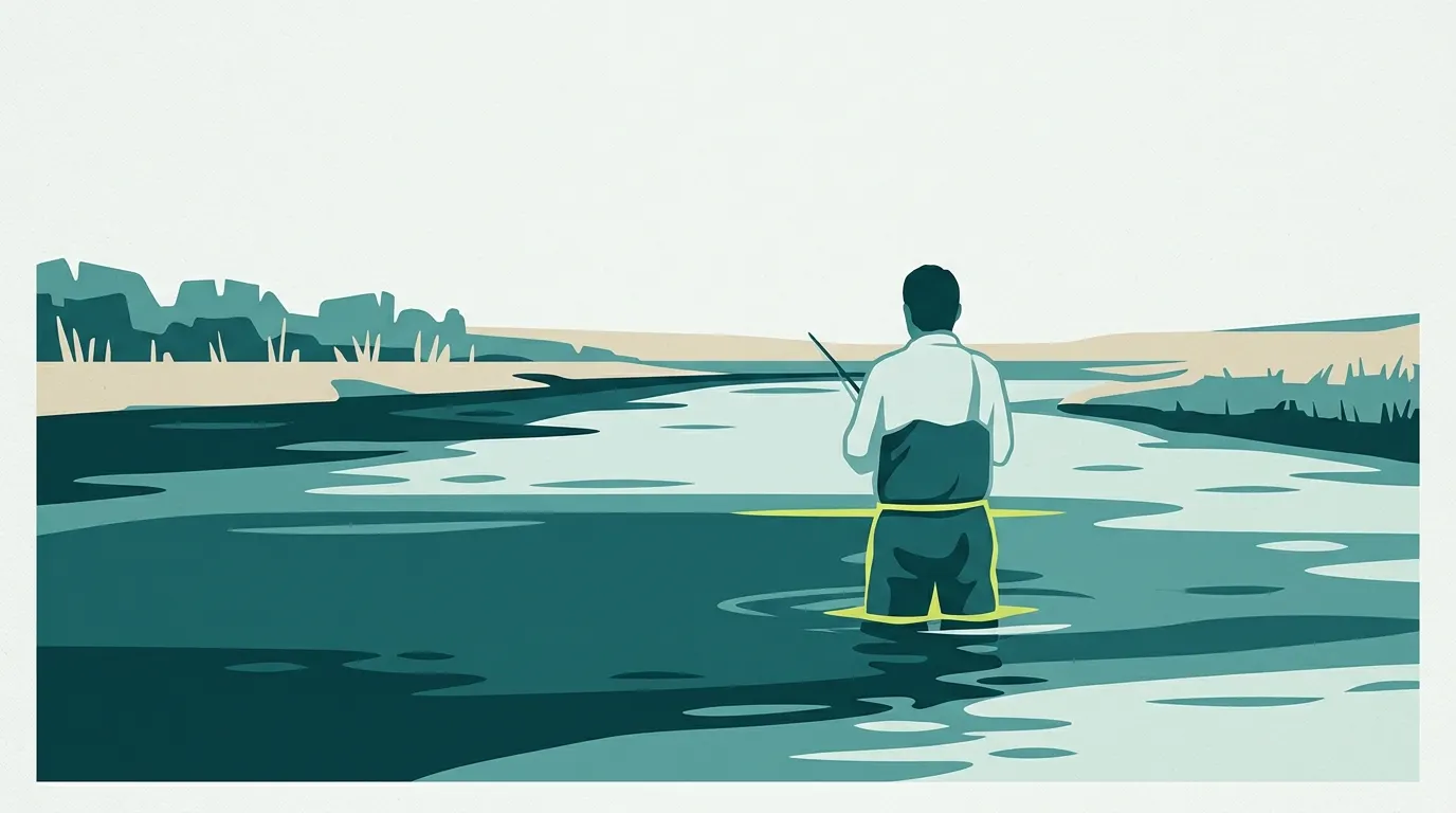 Angler waist-deep in a calm river in wading pants