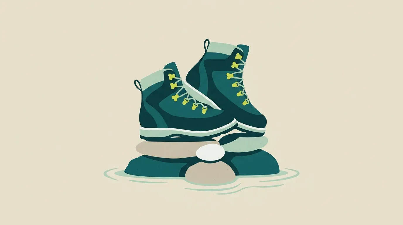Light wading boots balanced on stacked river stones