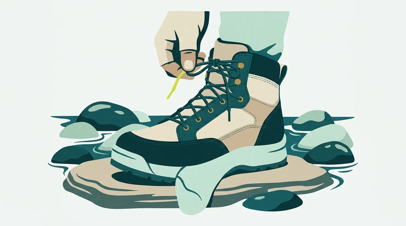Hand lacing a wading boot on a river rock
